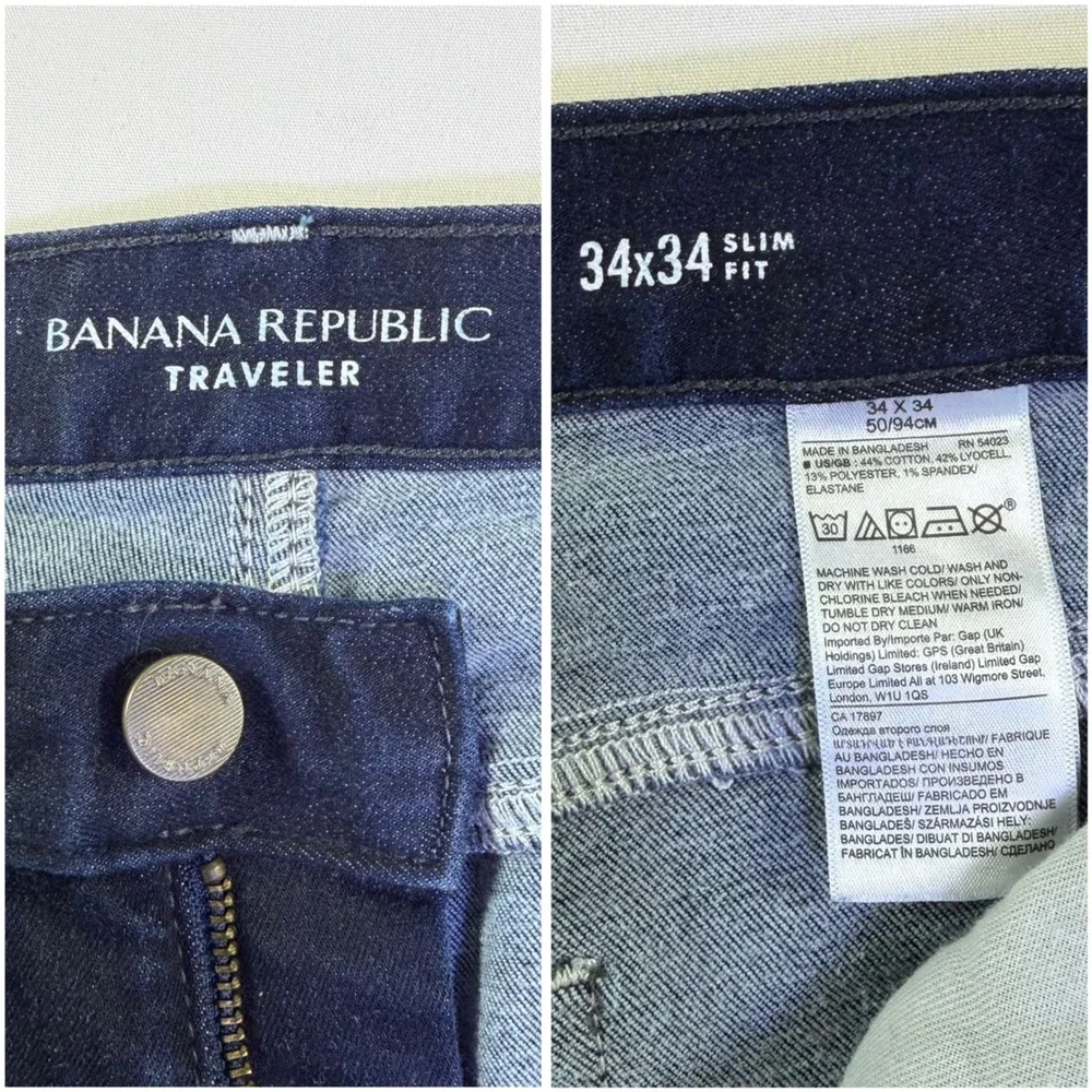 Banana Republic Traveler Slim Fit Jeans Mens 34x34 Dark‎ Wash Indigo Denim Pants